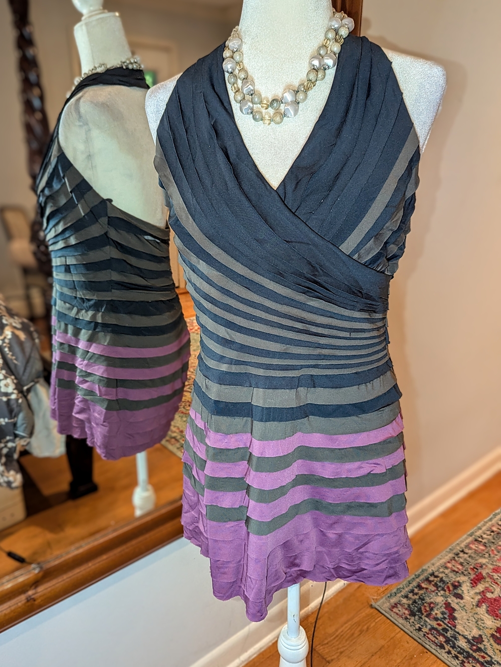 Striped Black and Purple V-Neck Sleeveless Mini Dress